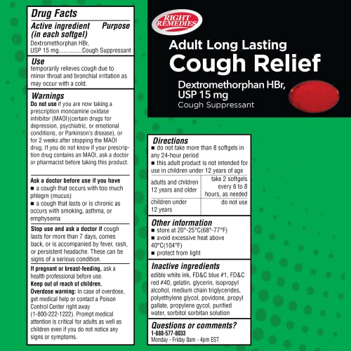 Right Remedies Cough Relief Softgels, Dextromethorphan Hbr 15Mg, Up To 8-Hour Long-Lasting, Non Drowsy Bronchial Suppressant (60 Softgels) #TOP1