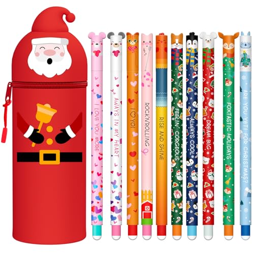 Stylos Gel Effaçables 0,7 Mm + Trousse Kawaii 2 En 1 Silicone Souple - Lot Animaux Mignons - Idéal école, Bureau, Cadeau