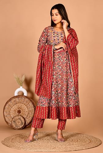 Image of Women's Cotton Embroidered Anarkali Kurta with Pant & Dupatta Set