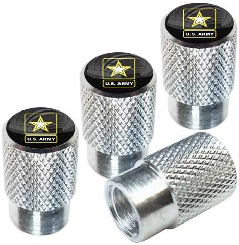 Polished Silver Billet Knurled Aluminum Tire Wheel Valve Stem Dust Caps for Cars Trucks Trailers SUV's RV's Motorcycles Bikes (Set of 4) Military Veteran US Army Star Logo
