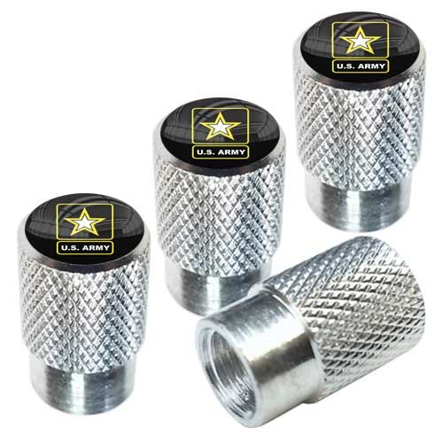 TRICKTOPPERS Polished Silver Billet Knurled Aluminum Tire Wheel Valve Stem Dust Caps for Cars Trucks Trailers SUV's RV's Motorcycles Bikes (Set of 4) Military Veteran US Army Star Logo
