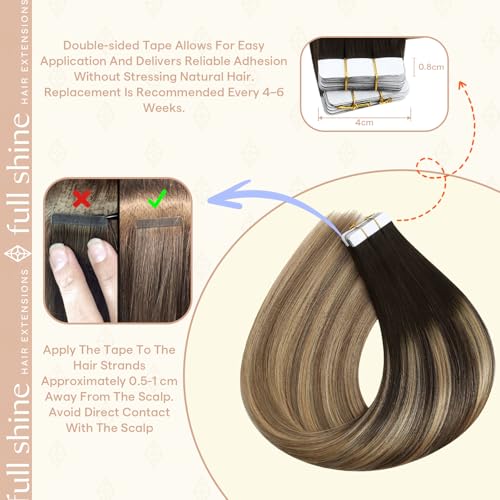 Image of Full Shine Tape in Extensions, Dark Brown Honey Blonde Ombre 22 Inch | 50g 20PCS, Seamless Skin Weft Hair Extensions Tape in, Invisible Soft Finish Add Length Dimensional Honey Brown Styling