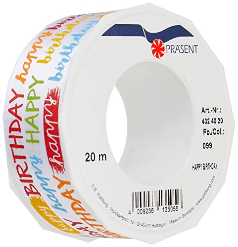 Präsent - Ruban de satin imprimé Happy Birthday coloré de 40 mm de large, 20 m de long