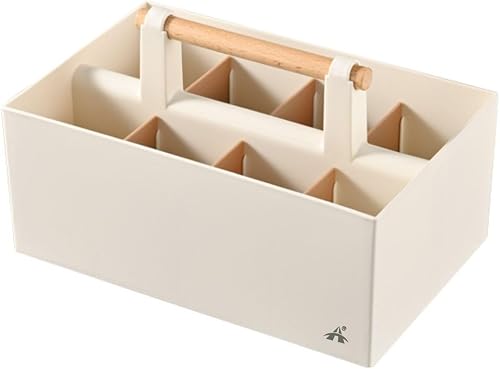 ALANES 8 Grid Desk Organizer Multifunctional Pen Holder with Wooden Handle Removable Dividers PP Storage Box for Office School Art Supplies(Beige)