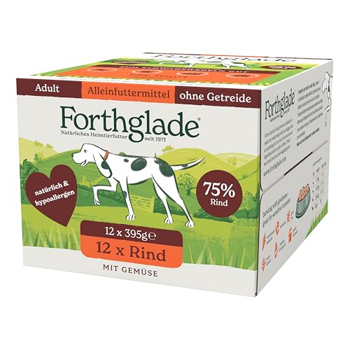 Forthglade Cibo umido per cani (12 ciotole da 395 g), cibo senza cereali con manzo e verdure per cani adulti a partire da 1 anno, cibo ipoallergenico per cani sensibili
