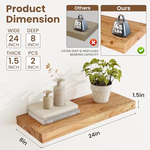 Image of Acovy Extra Deep 24 /32 /36 /40 /48 /55 /72 inch Rustic Solid Elm Wood Floating Shelves for Wall, Wall Shelves with Invisible Bracket for Living Room Bathroom Bedroom Kitchen, Natural
