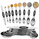 Magnetic Measuring Spoons Set Stainless Steel with Leveler, Dual-Sided Metal Measuring Spoons for Baking & Cooking, Fits in Spice Jars, Must-have Kitchen Gadgets, 8 Measuring Spoons & 1 Leveler, Black