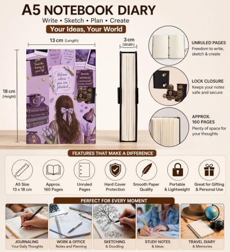 Image of Purple Bloom Diary Notebook 7x5 Inch 160 Pages Unruled Journal for Notes
