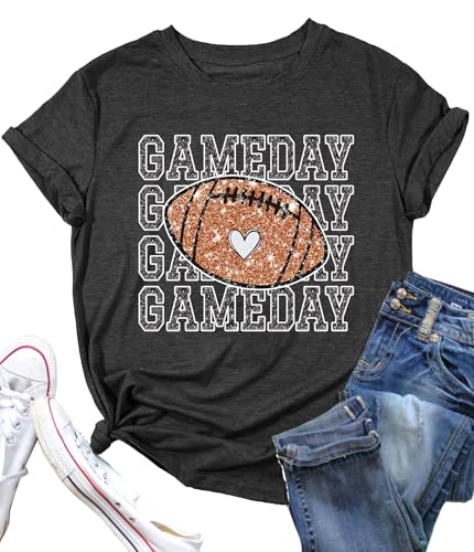 PECHAR Game Day Football Shirts Women Vintage Glitter Football Graphic T Shirt Tee Tops Grey