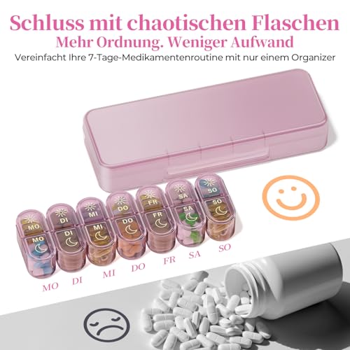 Betife Tablettenbox 7 Tage Morgens Abends, Pillendose Woche 2 Fächer Groß, Medikamentenbox 7 Tage mit Pillenbox Klein für Unterwegs, Tabletten Organizer 14 Tage Tragbare Tablettendose （Violett）