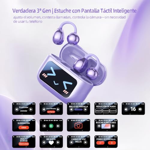 Image of M100 Clip On Earbuds with Touchscreen Case , Open Ear Wireless Headphones for Glasses & Small Ears ,50H Total Battery, Bluetooth 6.0, IPX7 Waterproof,Ultra-Light 4g for Running & Workouts,purple