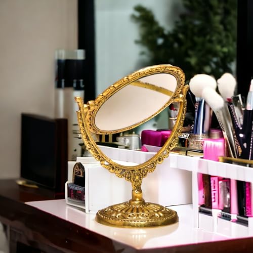 Image of KridayKraft Aluminium Makeup Mirror Dual Sided Magnification for Easy Makeup (Golden), Oval, Tabletop