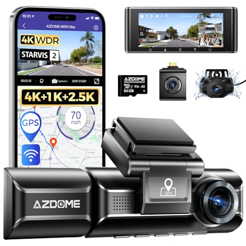 AZDOME 4K Dashcam Voiture, 4K+1080P+2.5K Triple Camera Avant Arrière Intérieur, WiFi GPS, 3,19 Dashcam avec Carte SD 64G, Vision Nocturne, WDR, G-Capteur, Mode Stationnement, Enregistrement en Boucle