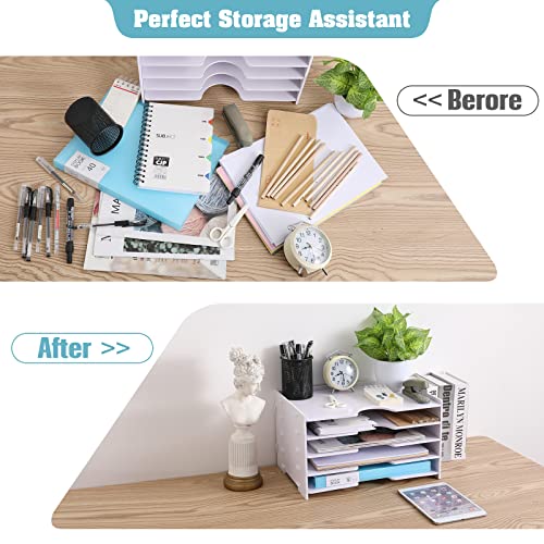 Desktop Paper Organizer Tray 4 Tier,Desk File Paper Sorter Tray Wooden Document Mail Letter Storage Tray White File Tray Rack For Office School Home Magazine Scrapbook Paper Folders ,14✕11 ✕ 9 Inchs #TOP3