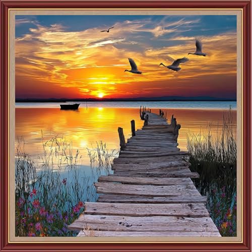 Image of Dooxvey Cross Stitch Kits for Adults Beginners,Full Range of Cross-Stitch Stamped Kits Needlepoint Kits for Beginners Embroidery Kits 11CT Cross Stitch Patterns-Beautiful Sunset Scenery 18x18 inch