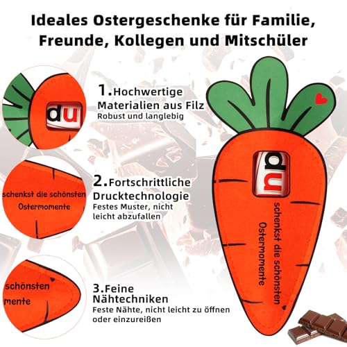 Giftota 15pcs Ostergeschenke - Lustige Karotte Deko für Kinder, Erwachsene - Hülle Filz Duplo Ostern Geschenk Verpackung mit 15 verschiedene Ostergeschenkgrüße, Ohne Schokolade