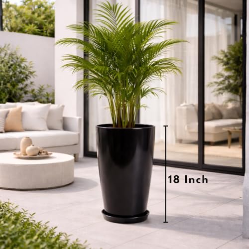 Image of Urban Upvan 18 Inch Solid Black Tower Pot with Tray - Large Round Planter for Indoor & Outdoor Plants, Durable Decorative Plant Container (Pack of 1)