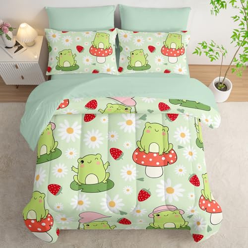 AILONEN Kawaii Frog Comforter Set Twin 7-Piece Bed in a Bag,Green Cute Frog Bedding Set for Kids Boys Girls,Soft Comforter & Fitted Sheet with Flat Sheet,2 Pillowcases,2 Pillow Shams