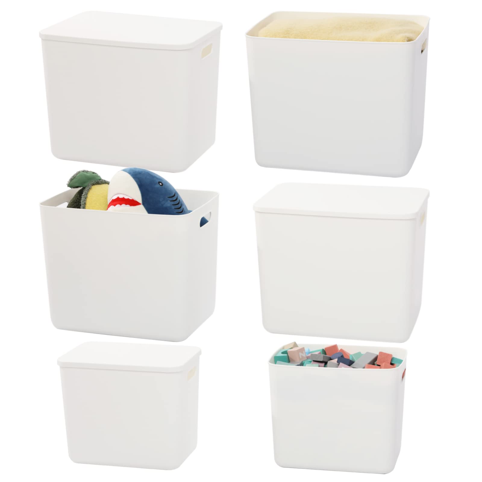 12L+25L 6 Pack große Kunststoff Weiße Aufbewahrungsbehälter Körbe, Toy Box Chest mit Deckel und Griff,Organizer Container für Kids,Nursery,Shelves,Playroom, Bedroom,Office,Closet,home(4XL+2L)