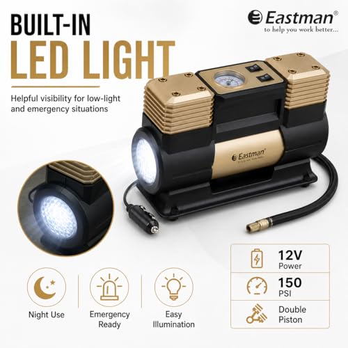 Image of EASTMAN Double Cylinder Air Compressor 12V ? 150 PSI Heavy Duty Tyre Inflator Pump with 60L /Min Flow, LED Light & Battery Alligator Clamps for SUVs, Trucks & Cars (EAC-60150N)