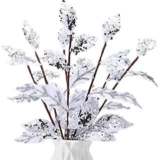 15 Pieces Christmas Artificial Glitter Leaf Decorations 13.4 Inches Christmas Picks Spray Poinsettia Floral Leaf Accessories Winter Wedding Vase Fillers Christmas Wreath DIY Crafts Decor (White)
