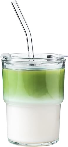 Vaso de vidrio de 13 onzas con popote y tapa, vaso reutilizable para café helado, bonitas tazas de vidrio para agua, matcha, tazas de café de viaje