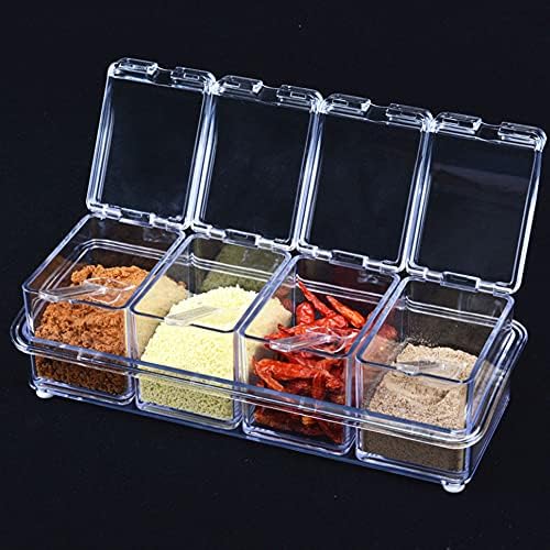 Seasoning Box Transparent Seasoning Box, 4 Pieces Seasoning Storage Container with Spoon, Condiment Jars with Cover and Spoon for Pepper Spice Salt Sugar Storage