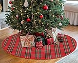 COTTON CRAFT Christmas Tree Skirt - Tartan Plaid Traditional Xmas Tree Skirt - Rustic Modern Decorative Red Green Stewart Plaid Tree Skirt Classic Tree Mat - 48 inches Round