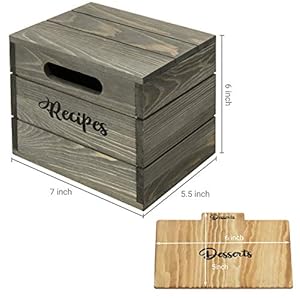 MyGift Vintage Gray Solid Wood Recipe Card Holder Box with Burnt Wooden Label Divider Tabs Holds 4×6 Cards