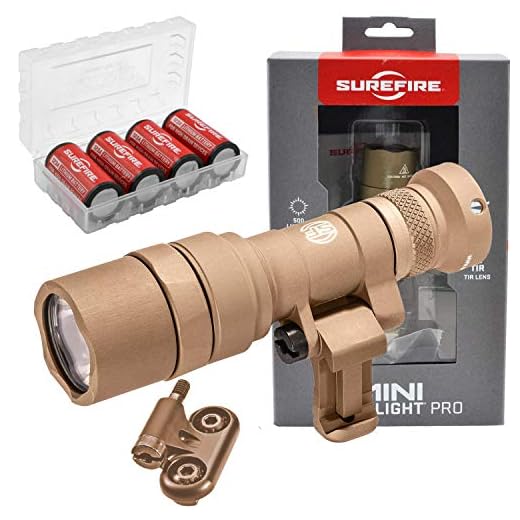 SureFire Mini Scoutlight Pro Tactical Light 500 Lumen Compact LED 340C Tan Bundle with 4 Extra CR123A Batteries and a Lightjunction Battery Case