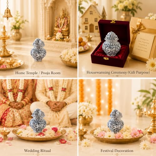 Image of DIVINITI 999 Silver Plated Kuber Kalash with Luxury Gift Box | Kubera Coin Kalasam, Lakshmi Kalash Antique Finish for Home Temple, Pooja Room & Vastu Decor | Housewarming & Wedding Gift | 6 x 5 cm