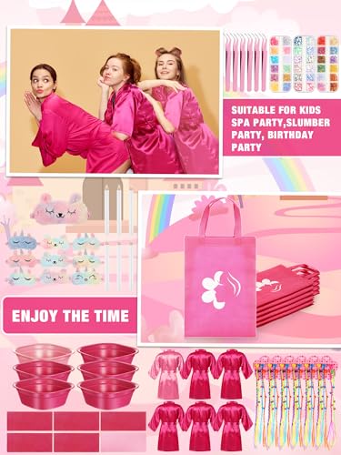 Suhine 6 Set Spa Party Supplies for Girls, Kids Satin Robes Nail Salon Kit Spa Kit Accessories for Birthday Party Favors (Classic Pink, Classic Rose Red)