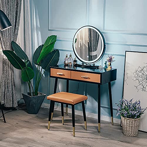YOURLITE Makeup Vanity Table Set with 3 Modes Adjustable Lighted Mirror Cushioned Stool,Orange PU Leather Dressing Table - Thumbnail 7