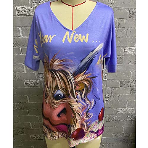 Janepam Women T-Shirt Tops Flamingo Graphic Pattern Print Short Sleeve V-Neck Loose Plus Size Tee Blouse(J Lake Blue,2XL) - Thumbnail 3