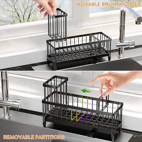 Image of Cisily Sponge Holder for Kitchen Sink, Sink Caddy Organizer with High Brush Holder, Kitchen Countertop Organizers and Storage Essentials, Rustproof 304 Stainless Steel (Large Black, 10.62″)