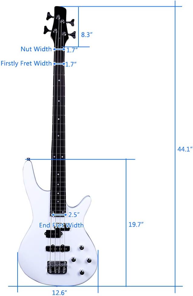 IB Bass,Electric Bass Guitar Beginner Kit 4 String Exquisite Basswood Bass with Power Line and Wrench Tool for Starter (White)