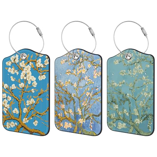 Luggage Tags for Suitcase 3 PCS Almond Blossom Leather Travel Luggage Tag with Stainless Steel Loop Name ID Label Privacy Cover for Women Men Travel