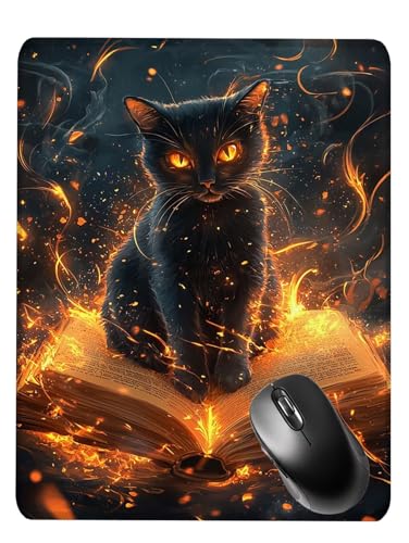 Alfombrilla Ratón Gaming, Mouse Pad, con Base de Goma Antideslizante, Superficie Impermeable, Bordes Cosidos, Compatible con Ratones Láser y Ópticos Portátil, 26x22x0.3cm Hechicero Black Cat S0F-609