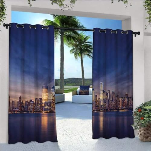 Homehot City Cortinas de balcón Nueva York Skyline Manhattan después del sol Metropolis Downtown Urban Panorama USA Cortinas de patio al aire libre impermeable con ojales azul marino melocotón
