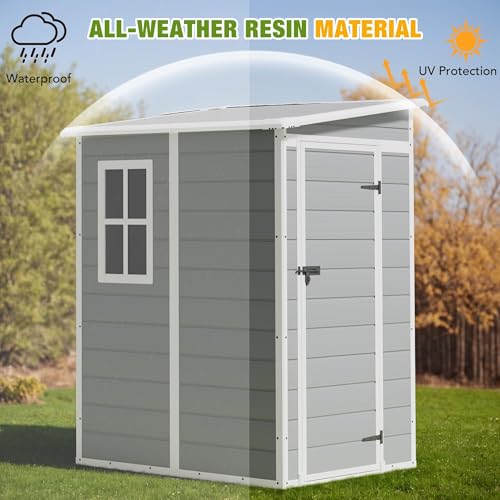 Image of Greesum 5x4FT Plastic Outdoor Storage Shed, Resin Shed with Floor and Window, Tool Sheds with Lockable Door and Vent, for Garden, Garage, Lawn, Backyard, Light Gray