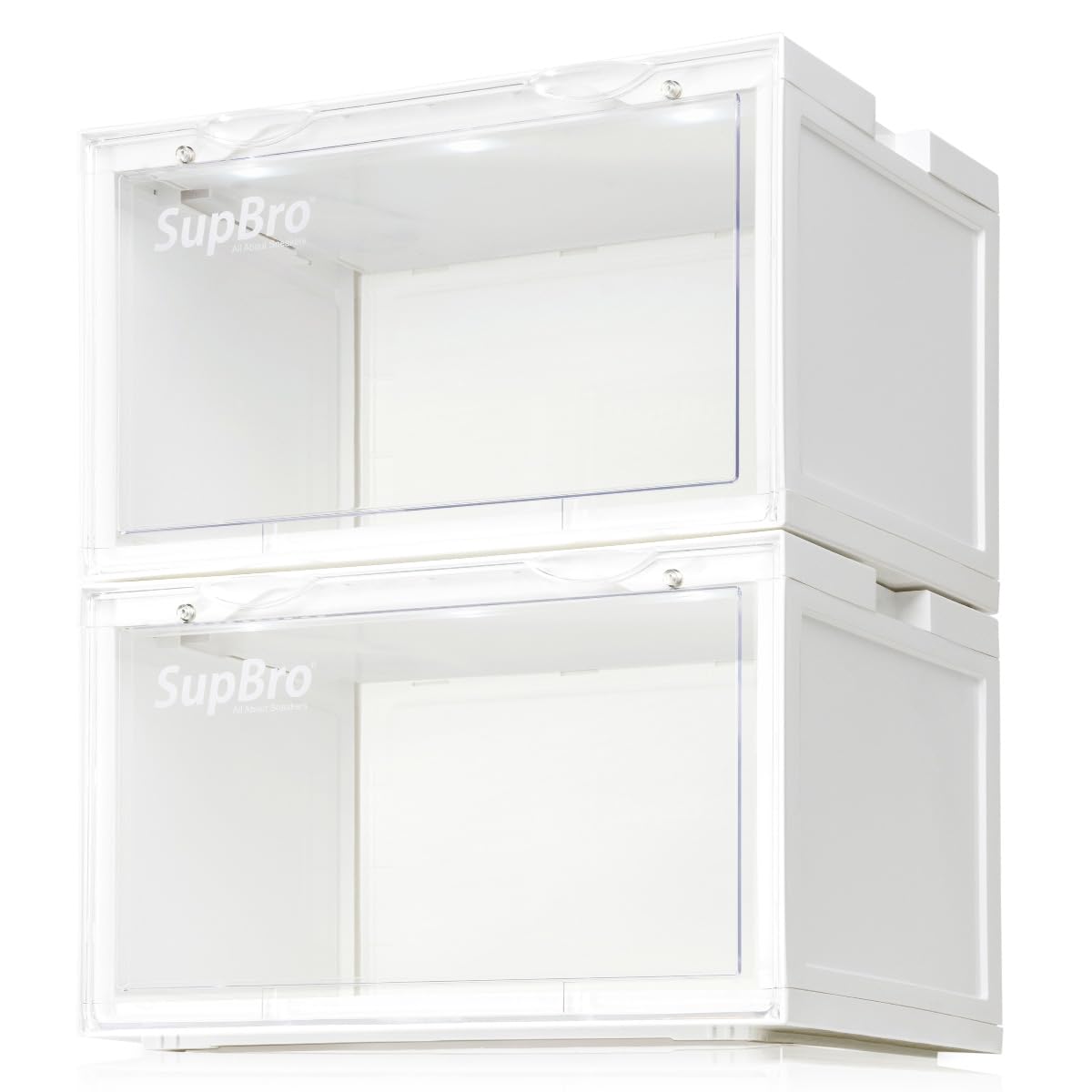 SupBro Led Collection Crate - Voice Control - Easy Access Storage Shoes box, Stackable Shoe Storage with clear plastic door for sneakers - (10.4 x 13.2 x 8.1 inch (2pack), White)