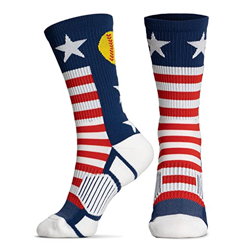 ChalkTalkSPORTS Softball Performance Crew Socks - USA Patriotic - Youth & Adult - Red White & Blue - Softball Mid-Calf Socks3