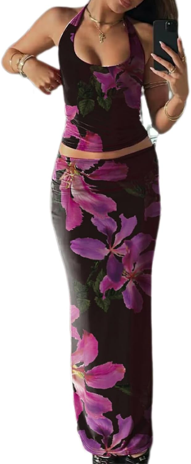 ksotutm Two Piece Sets for Women Maxi Skirt Set Printed Halter Top and Maxi Skirt Going Out Outfits