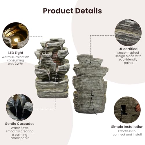 6-Tier Solar Water Fountain Outdoor, 24.4" H Cascading Rock Feature Garden Fountains and Waterfalls with Light, Pump, Solar Panel for The Patio, Deck, Porch, Backyard Home Décor, Stone Gray