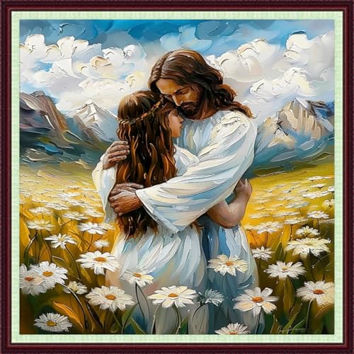 Image of Dooxvey Cross Stitch Kits for Adults Beginners,Full Range of Cross-Stitch Stamped Kits Needlepoint Kits for Beginners Embroidery Kits 11CT Cross Stitch Patterns-Embrace of Jesus 18x18 inch
