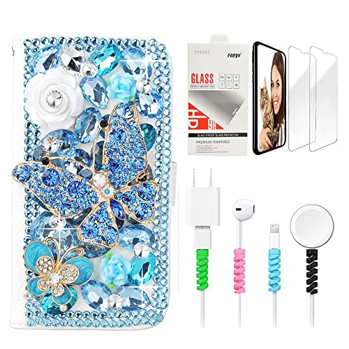 STENES Bling Wallet Luxury Phone Case Compatible with iPhone 17 Pro Max - Elegant Women 3D Handmade Butterfly Flowers Design Leather Cover with Screen Protector & Cable Protector - Blue