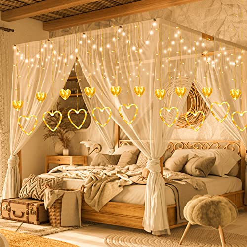 Tofu Curtain Lights, 138 Led 12 Heart-Shaped Window Curtain Lights With Remote, 8 Flashing Modes Plug In Hanging String Lights For Bedroom Indoor Wedding Party Anniversary Birthday Decoration 8.5Ft #TOP4