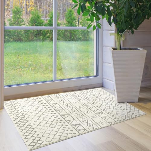 2x3 Washable Area Rug Non Slip Boho Moroccan Entryway Rug Indoor, Small Farmhouse Geometric Door Mat, Ultra Soft Low Pile Woven Floor Carpet for Kitchen,Bathroom, Laundry,Front Porch(Ivory) -  rotinyard