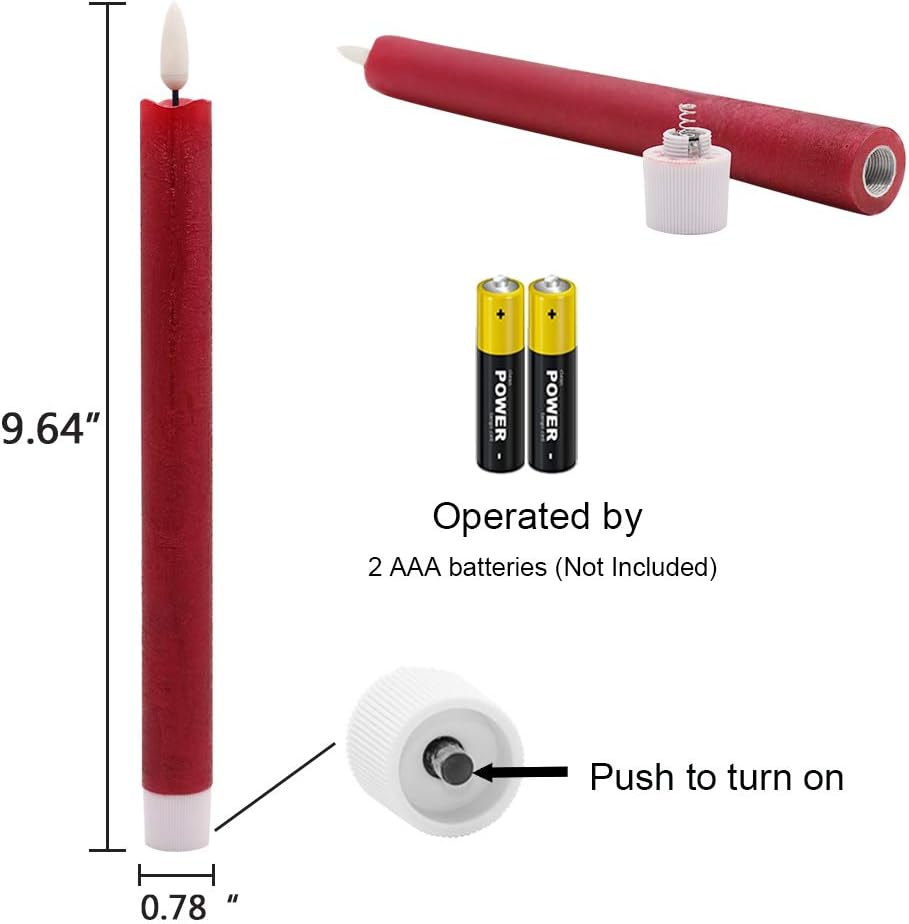Red Flameless Taper Candles Battery Operated Flickering with 6H Timer, 3D Wick LED Taper Candles Real Wax Candlesticks, Party Christmas Home Decor 6 Pack 9.6" Christmas Red