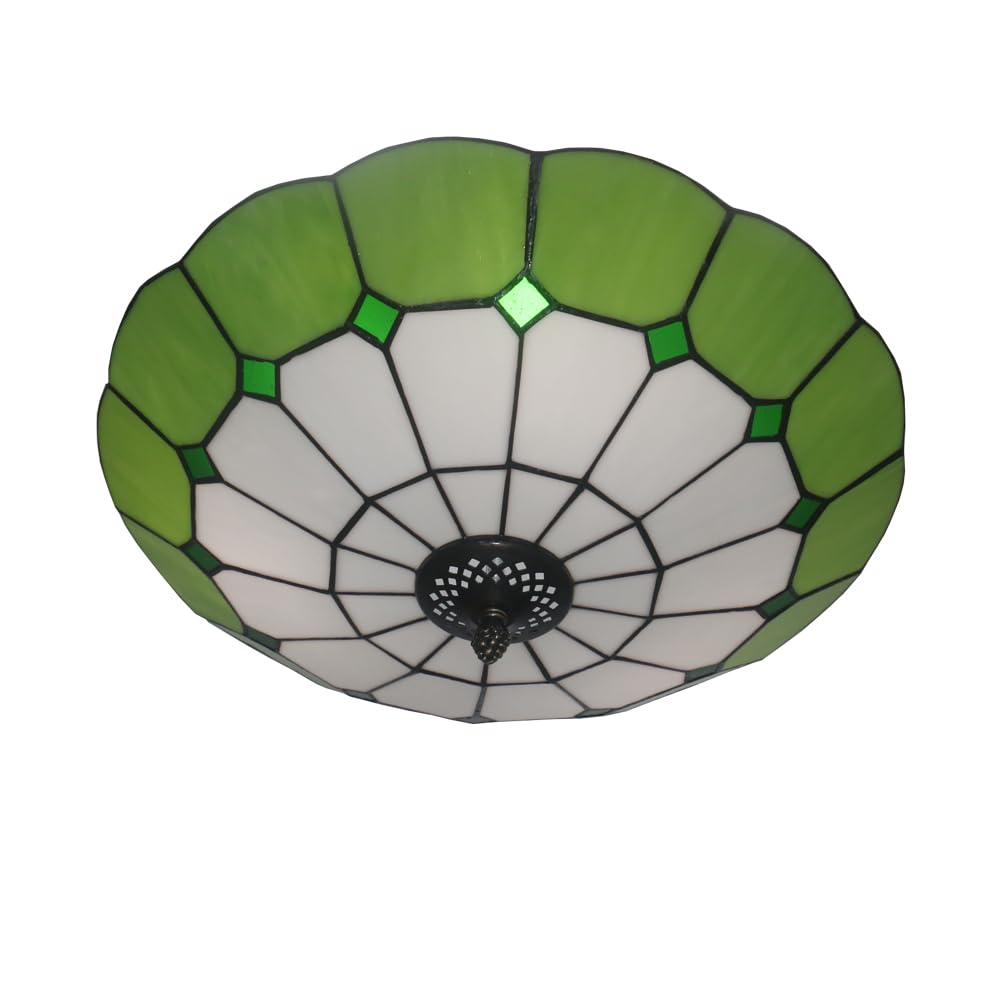 Skyweel 16 Inch Vintage Tiffany Style Ceiling Light Stained Glass Flush Mount Ceiling Lighting Fixtures Lamps (40CM Green)